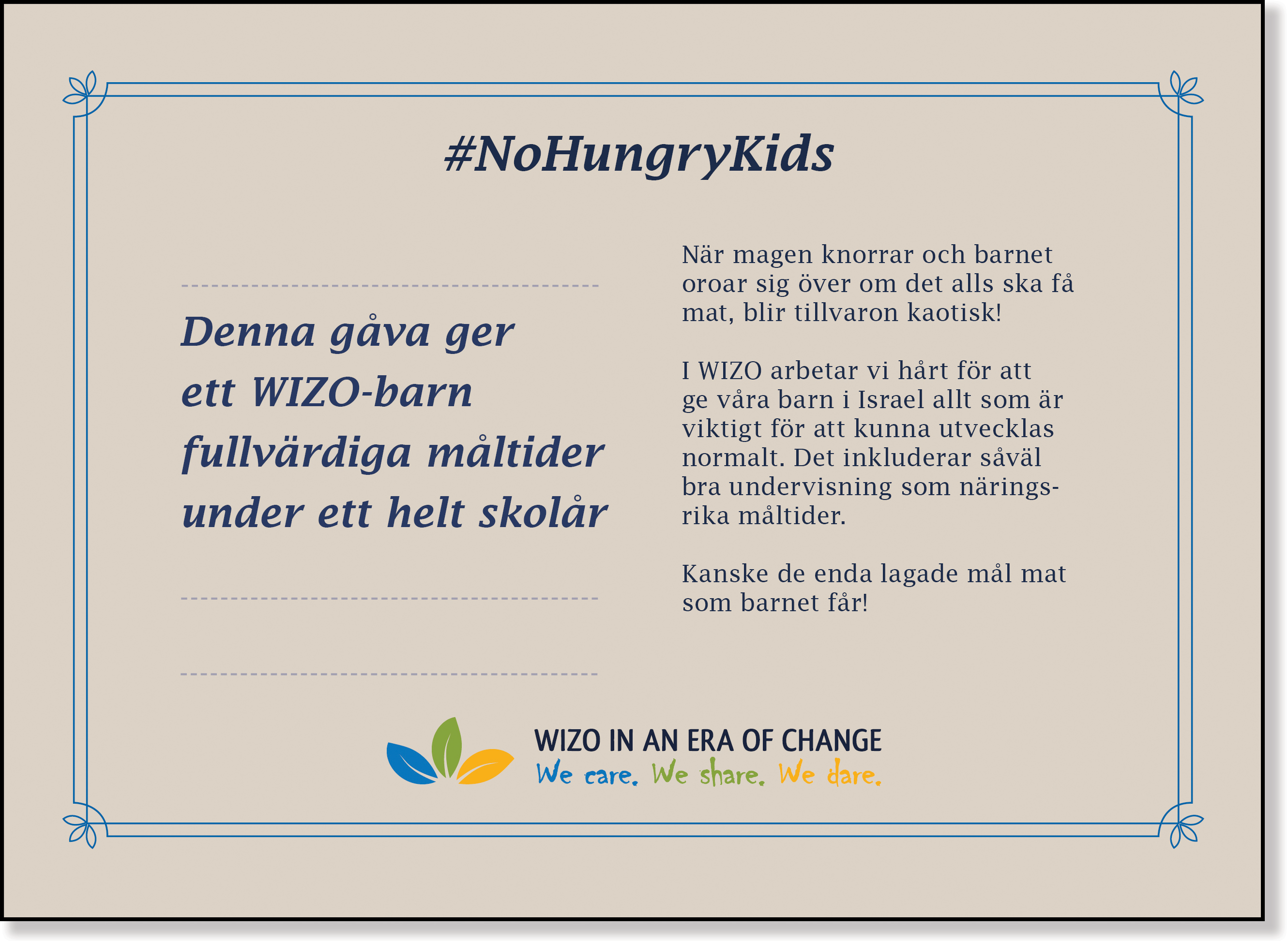 Guldbeige årskort No Hungry Kids baksida