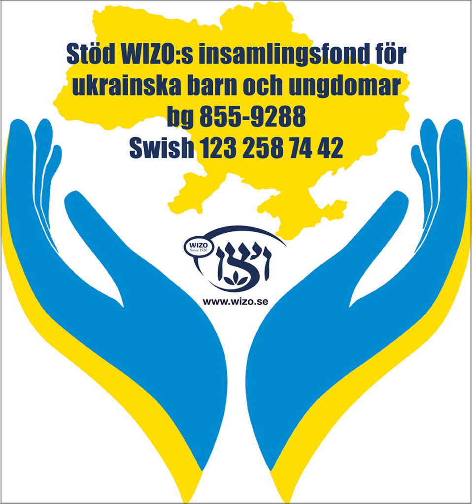 Två händer under Ukrainas karta och text WIZO:s insamlingsfond