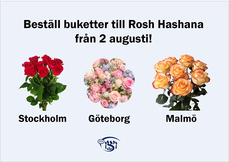 Bild med tre olika blombuketter och texten Beställ buketter till Rosh Hashana från 2 augusti.