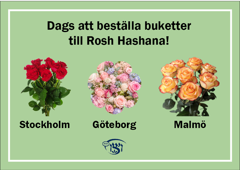 Text Dags att beställa buketter till Rosh Hashana! Bilder av tre buketter.