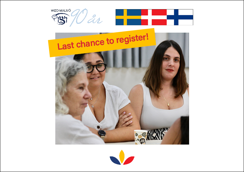 Tre kvinnor samtalar under bild av tre nordiska flaggor. Banner med texten Last chance to register.